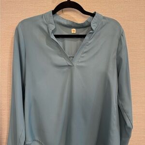 Blue/Green 3/4 Sleeve Fitted Blouse with Mandarin Collar